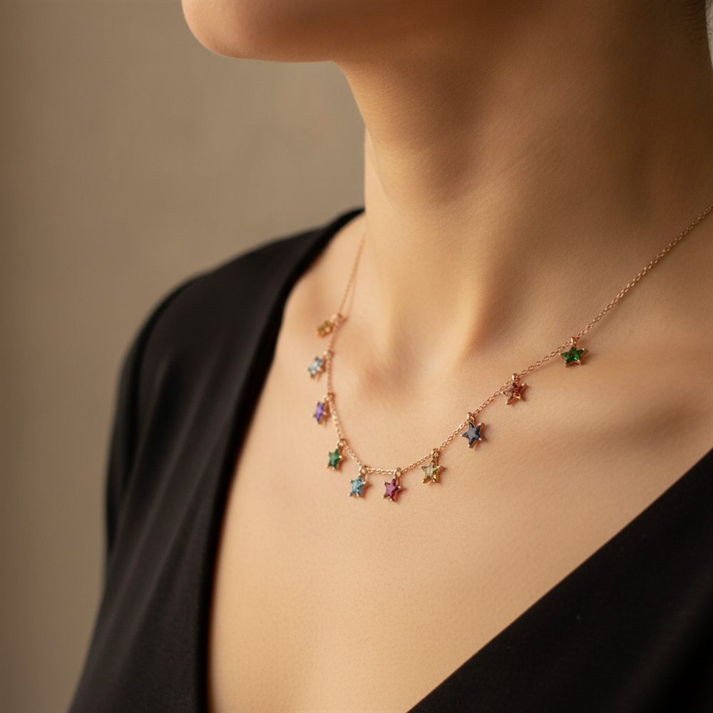 Renkli Yıldızlı Sıralı Kolye (Rose Rengi)-2