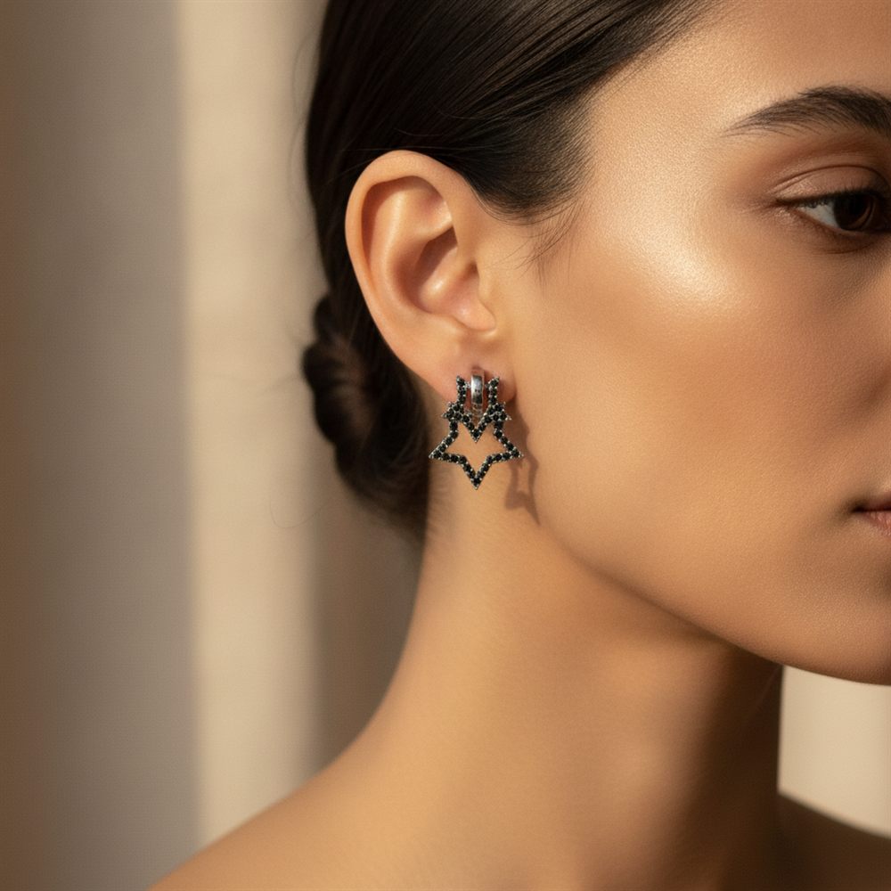 İkili Yıldız Siyah Taşlı Küpe (Gümüş Rengi)-2