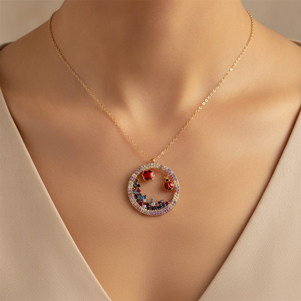 Doğa Büyük Yuvarlak Taşlı Kolye (Rose Rengi)-2